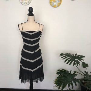 Black silk BCBGMaxAzria dress, white lace trim